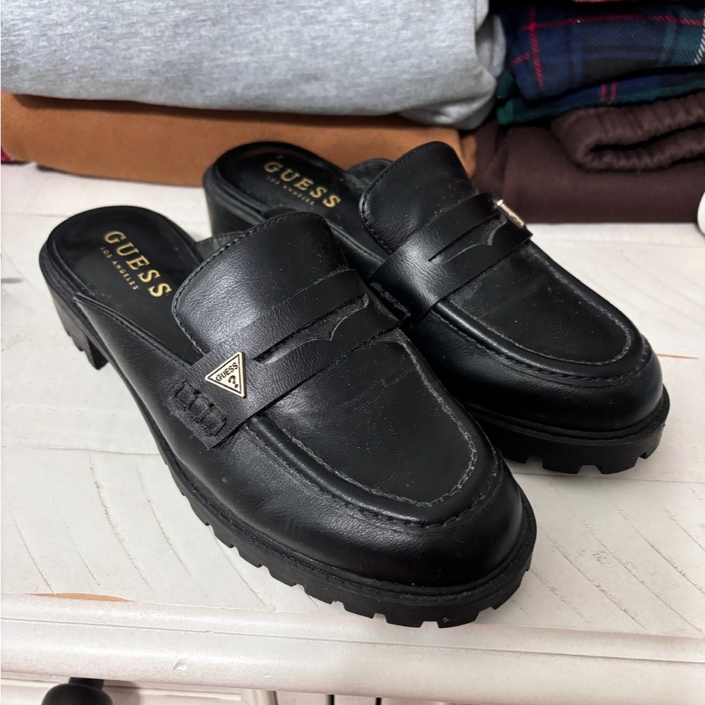 Guess Black Leather Slip-On Loafers